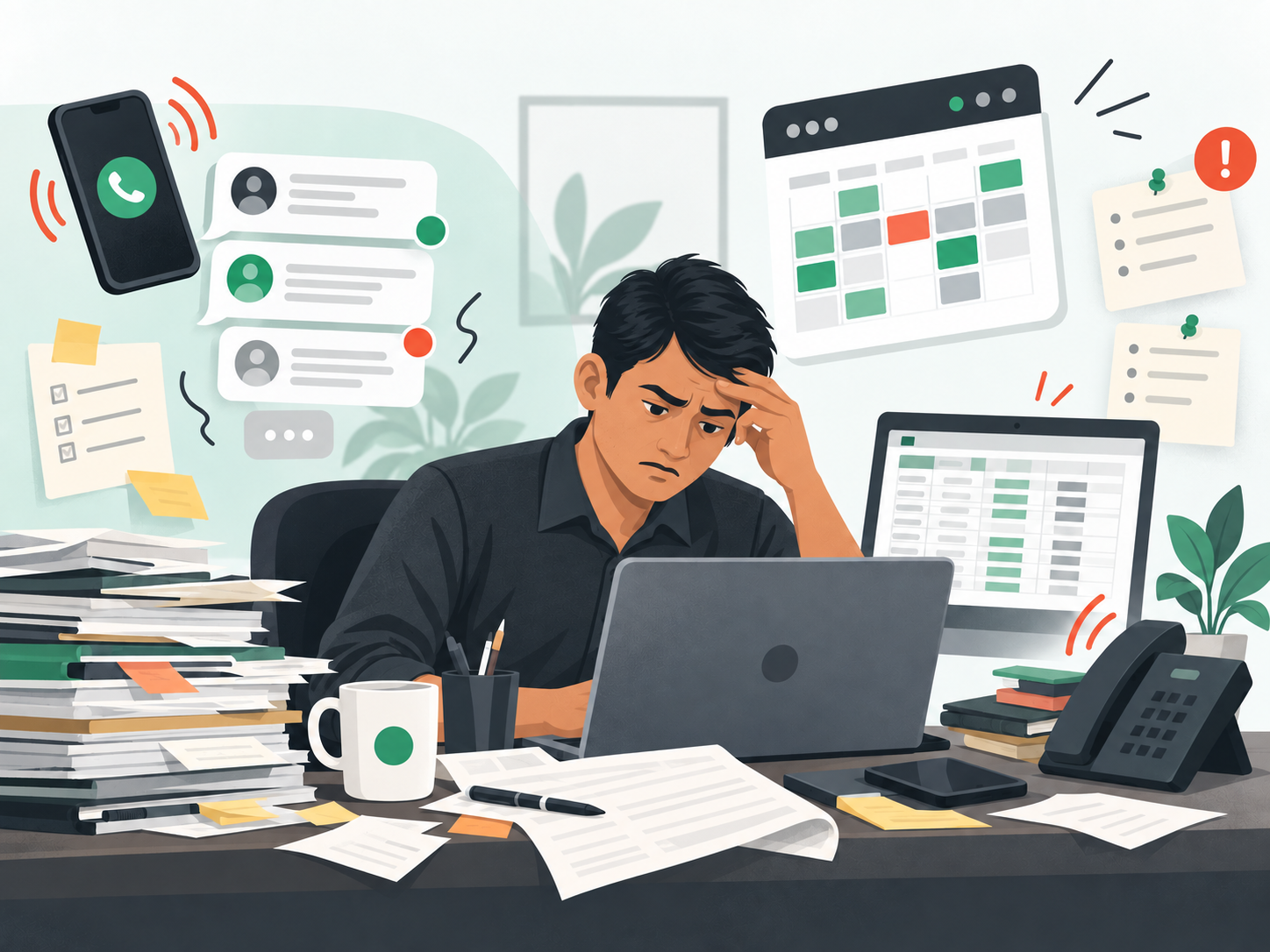 A frustrated trekking agency owner surrounded by phone calls, messages, paperwork, and spreadsheets